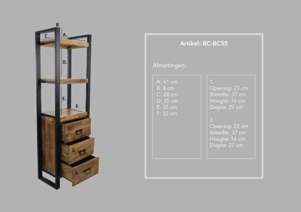 hsm collection boekenkast - 3 lades - naturel & zwart - Afbeelding 6